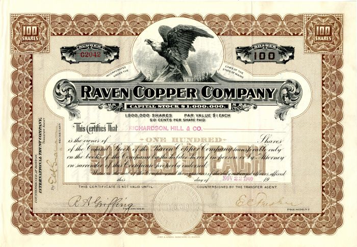 Raven Copper Co. - Stock Certificate
