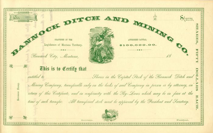 Bannock Ditch and Mining Co. - 1880's dated Montana Mining Stock Certificate