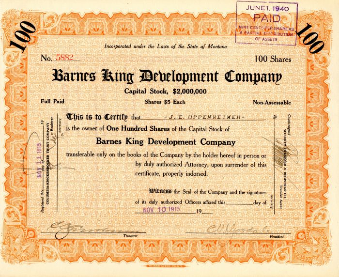 Barnes King Development Co. - Stock Certificate