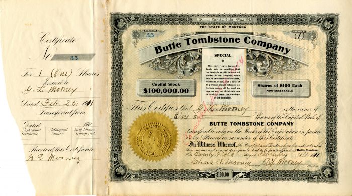 Butte Tombstone Co. - Stock Certificate