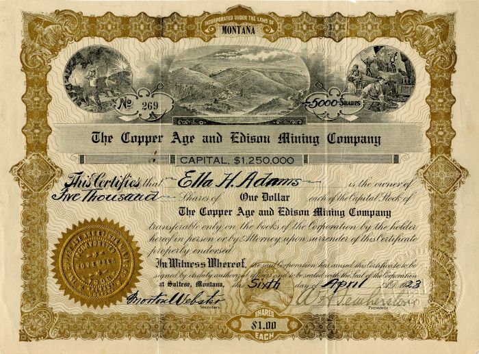 Copper Age and Edison Mining Co. - Stock Certificate