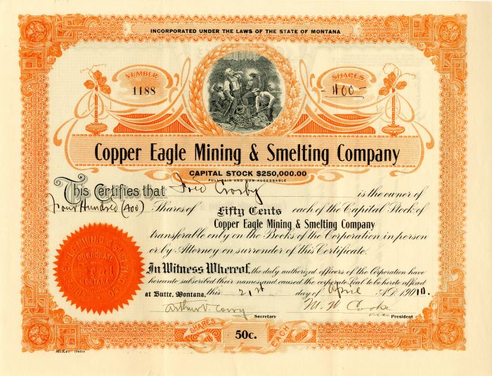 Copper Eagle Mining and Smelting Co. - Stock Certificate
