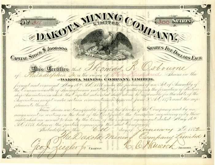 Dakota Mining Co. - Stock Certificate