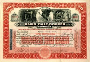 Davis-Daly Copper Co. - Sept. 12, 1929 dated Montana Mining Stock Certificate