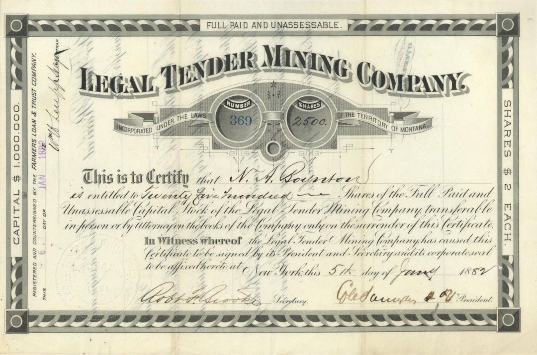 Legal Tender Mining Company - Stock Certificate