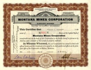 Montana Mines Corporation - 1929 dated Helena Montana Mining Stock Certificate