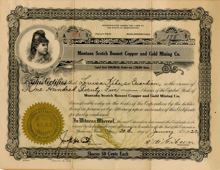 Montana Scotch Bonnet Copper and Gold Mining Co. - Stock Certificate