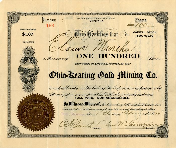 Ohio=Keating Gold Mining Co. - Stock Certificate
