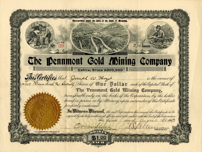 Pennmont Gold Mining Co. - Stock Certificate