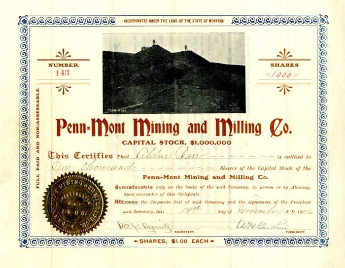 Penn=Mont Mining and Milling Co. - Stock Certificate
