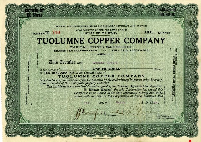 Tuolumne Copper Co. - Stock Certificate