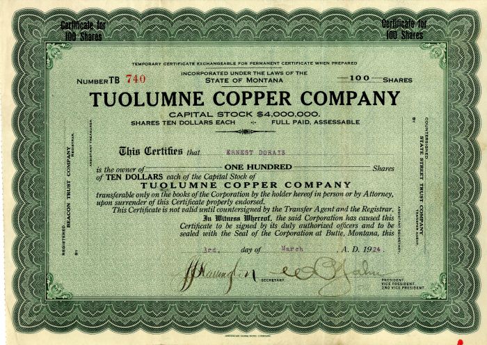 Tuolumne Copper Co. - 1924 dated Montana Mining Stock Certificate