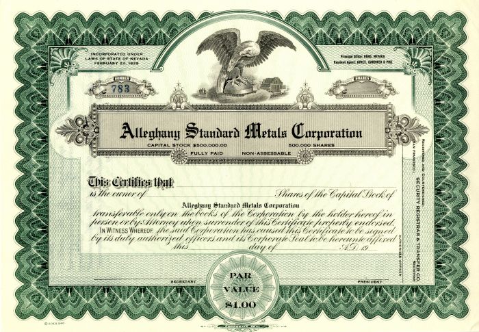 Alleghany Standard Metals Corporation - Stock Certificate