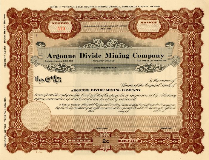 Argonne Divide Mining Co. - Stock Certificate