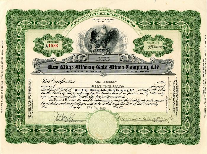 Blue Ridge Midway Gold Mines Co., Ltd. - Stock Certificate