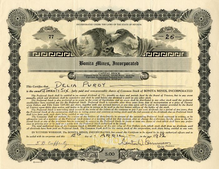 Bonita Mines, Incorporated - Stock Certificate