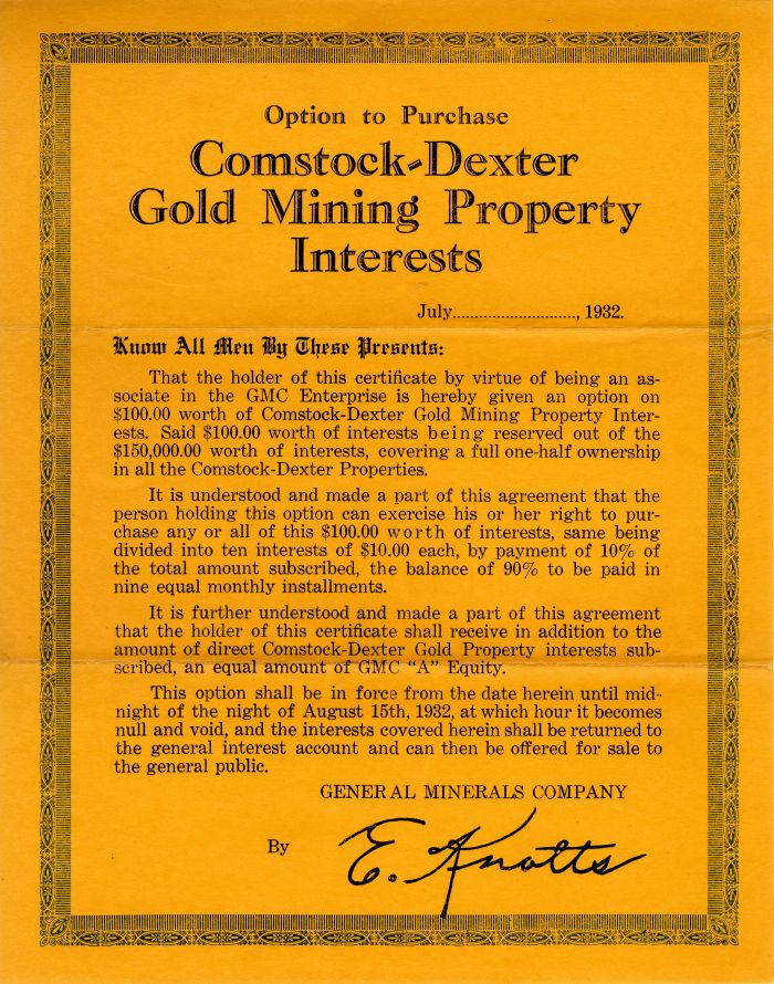 Comstock-Dexter Gold Mining Property Interests - Stock Certificate