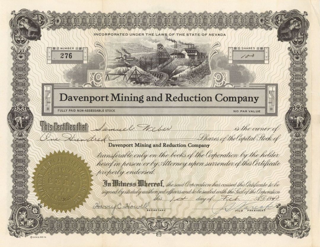 Davenport Mining and Reduction Co. - 1940 or 1941 dated Stock Certificate