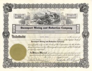 Davenport Mining and Reduction Co. - 1941 or 1942 dated Stock Certificate