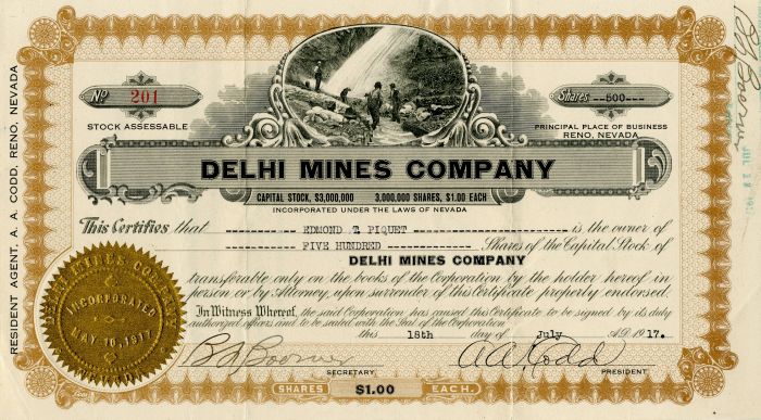 Delhi Mines Co. - Stock Certificate