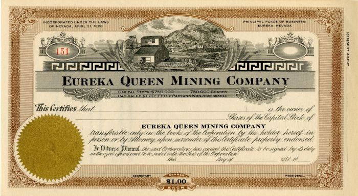Eureka Queen Mining Co. - Stock Certificate