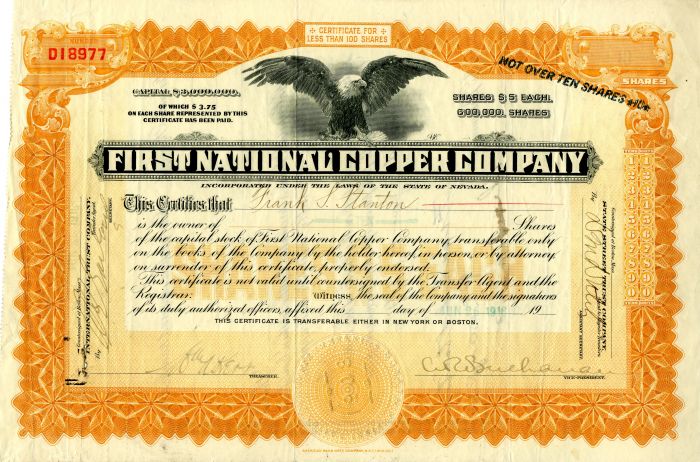 First National Copper Co. - Stock Certificate