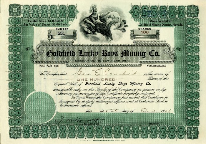 Goldfield Lucky Boys Mining Co. - Stock Certificate