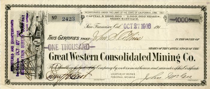 Great Western Consolidated Mining Co. - Stock Certificate