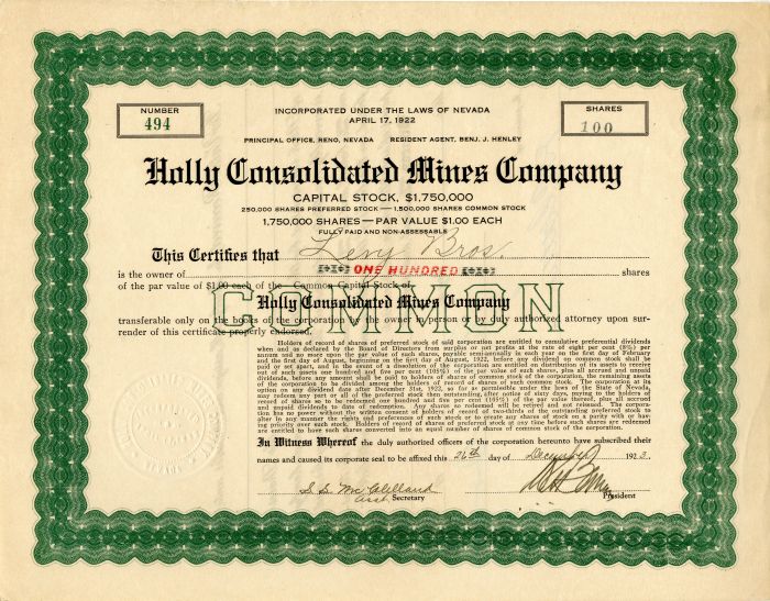 Holly Consolidated Mines Co. - Stock Certificate