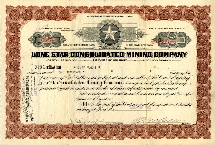 Lone Star Consolidated Mining Co. - Stock Certificate