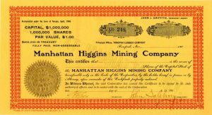 Manhattan Higgins Mining Co. - Stock Certificate