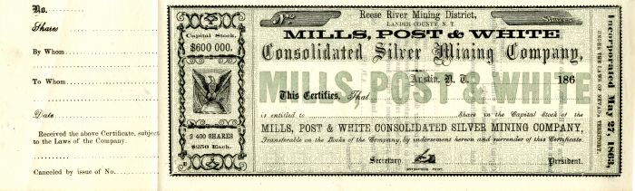 Mills, Post and White Consolidated Silver Mining Co. - Stock Certificate