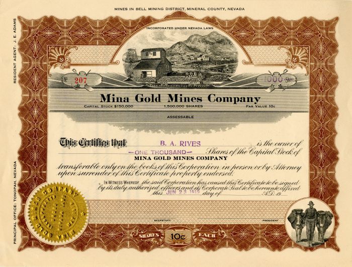 Mina Gold Mines Co. - Stock Certificate