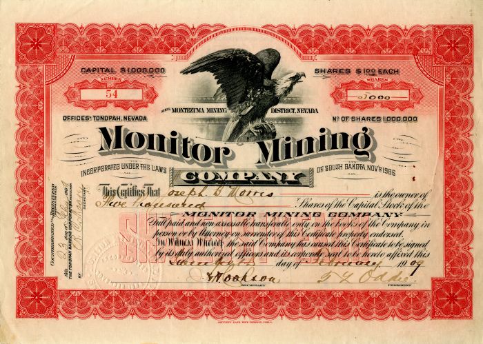 Monitor Mining Co. - Stock Certificate