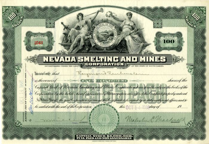 Nevada Smelting and Mines Corporation - Stock Certificate