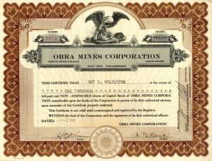 Obra Mines Corporation - Stock Certificate
