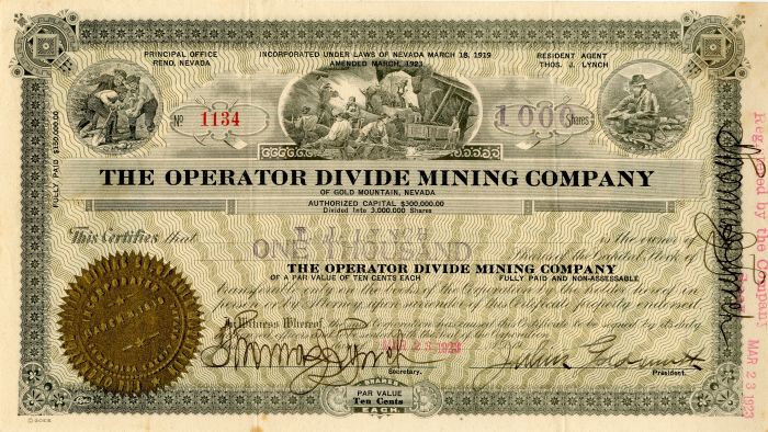 Operator Divide Mining Co. of Gold Mountain, Nevada - Stock Certificate