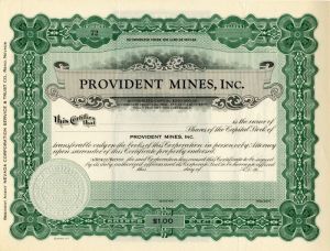 Provident Mines, Inc. - Stock Certificate