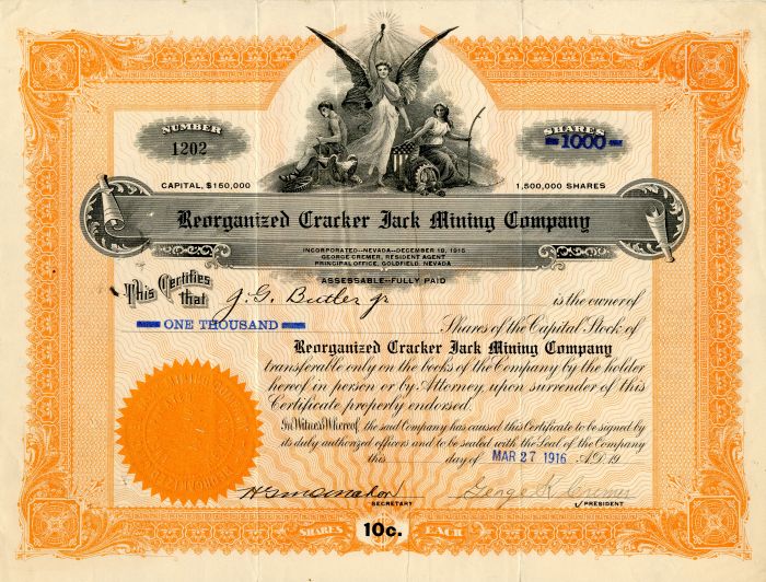 Reorganized Cracker Jack Mining Co. - Stock Certificate