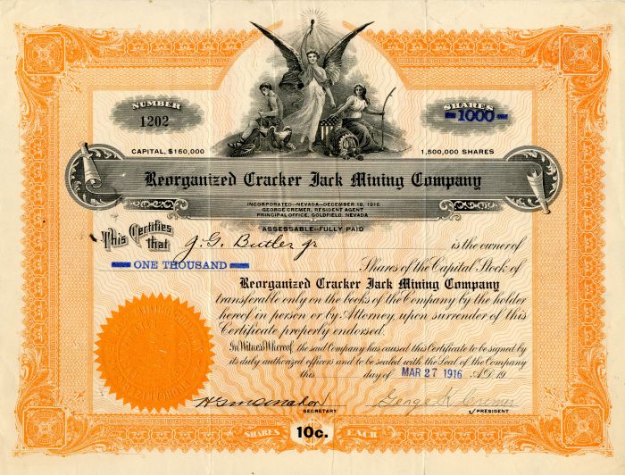 Reorganized Cracker Jack Mining Co. - Stock Certificate