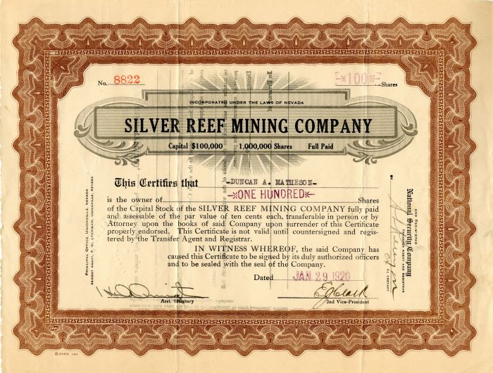 Silver Reef Mining Co. - Stock Certificate