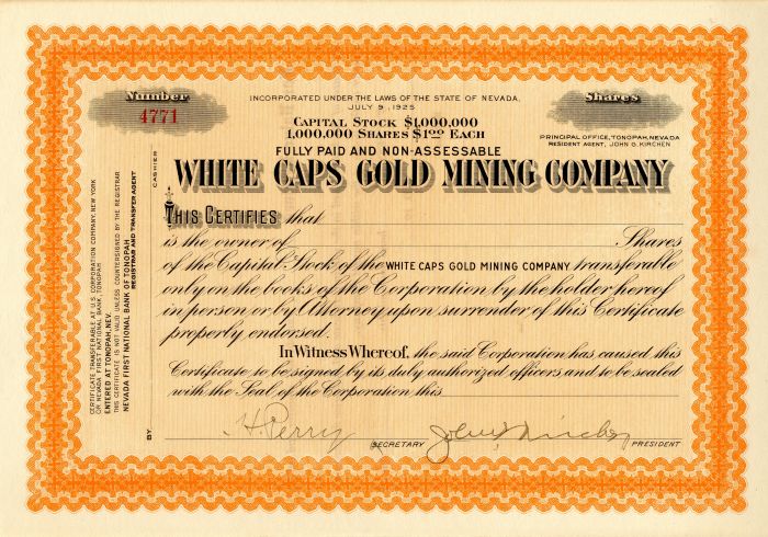 White Caps Gold Mining Co. - Stock Certificate