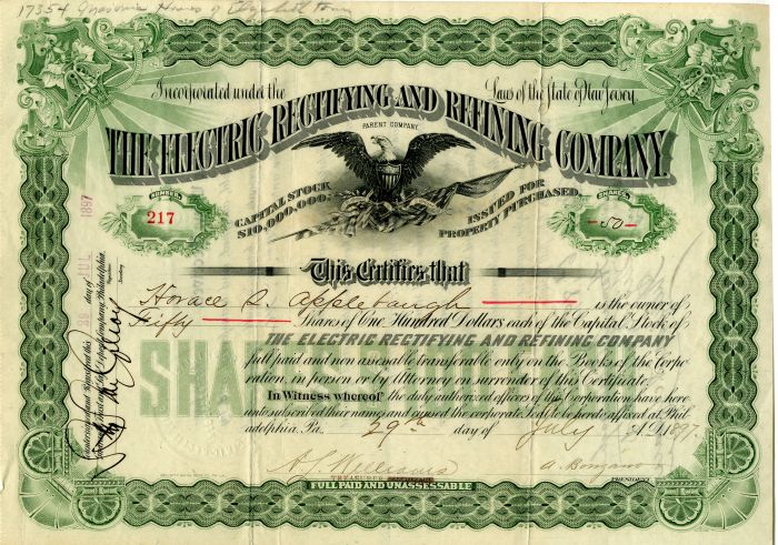 Electric Rectifying and Refining Co. - Stock Certificate