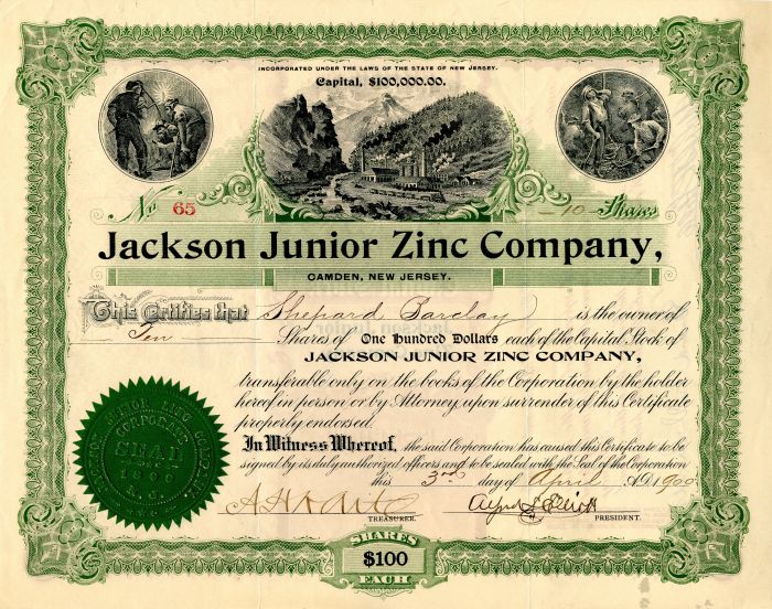 Jackson Junior Zinc Co. - Stock Certificate