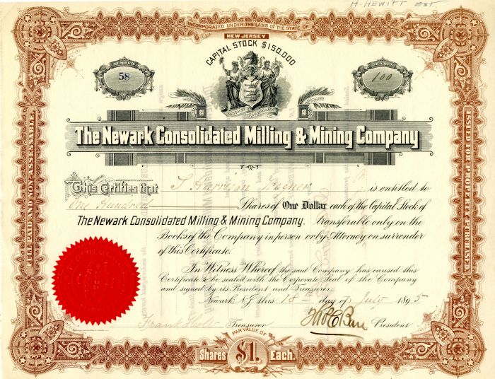 Newark Consolidated Milling and Mining Co. - Stock Certificate