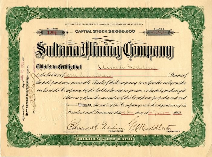 Sultana Mining Co. - Stock Certificate