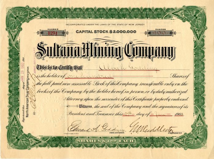 Sultana Mining Co. - Stock Certificate