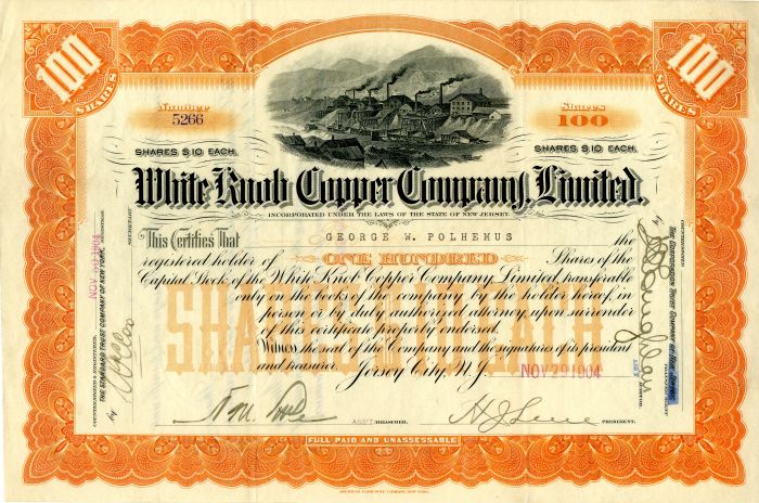 White Knob Copper Co., Limited - Stock Certificate