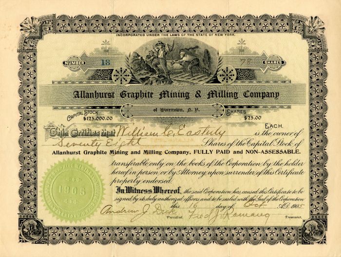 Allanhurst Graphite Mining and Milling Co. - Stock Certificate