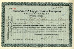 Consolidated Coppermines Co. - Stock Certificate